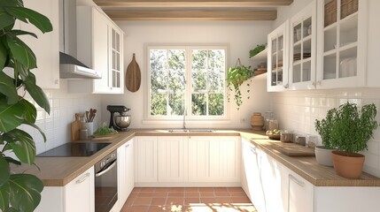 A bright and airy kitchen with white cabinets, wooden countertops, and a window overlooking a green garden.