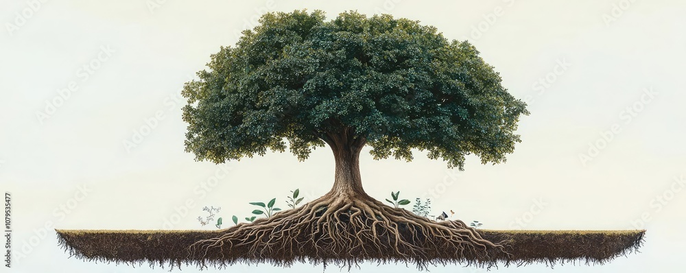 Poster tree with expansive roots on a white isolated background.