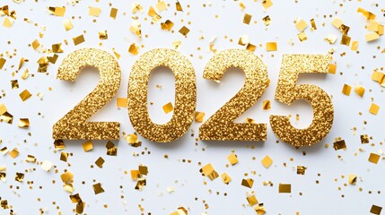 Sparkling gold numbers 2025 against a white background, scattered with confetti.