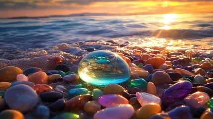 Obraz premium Glimmering Shore: A Crystal Sunset Beachscape