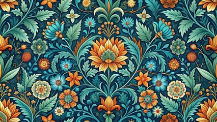 Intricate vintage floral pattern with blue, orange, and green leaves and flowers on a dark background, floral