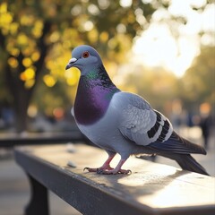 A single pigeon perches on a park bench with a blurred background of leaves.
