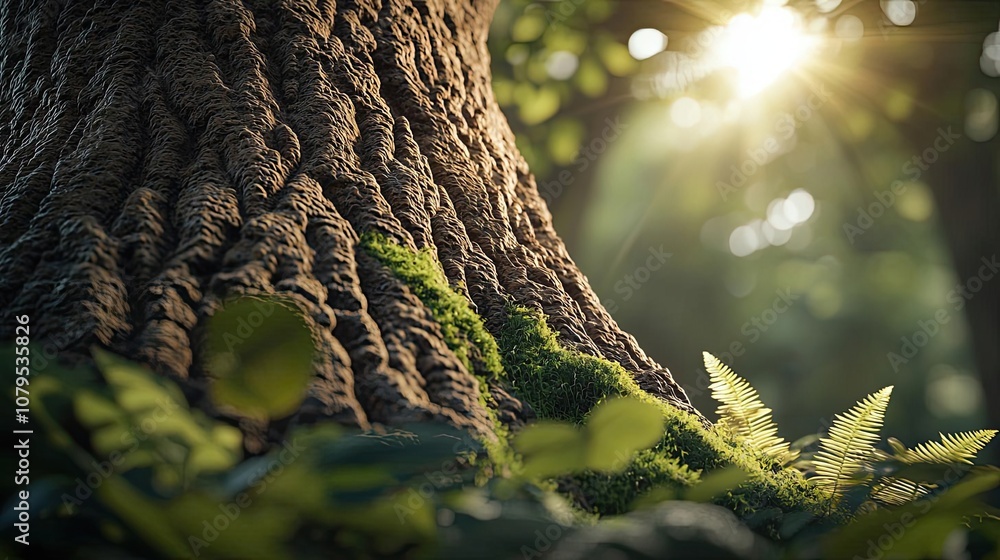 Poster tree trunk with moss and ferns, sunlight filtering through foliage.