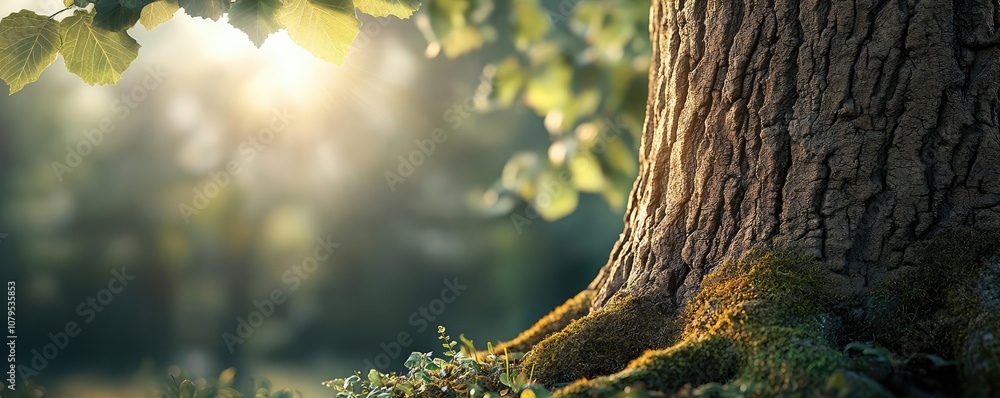 Poster tree trunk with moss, sunlight filtering through leaves, serene forest setting.