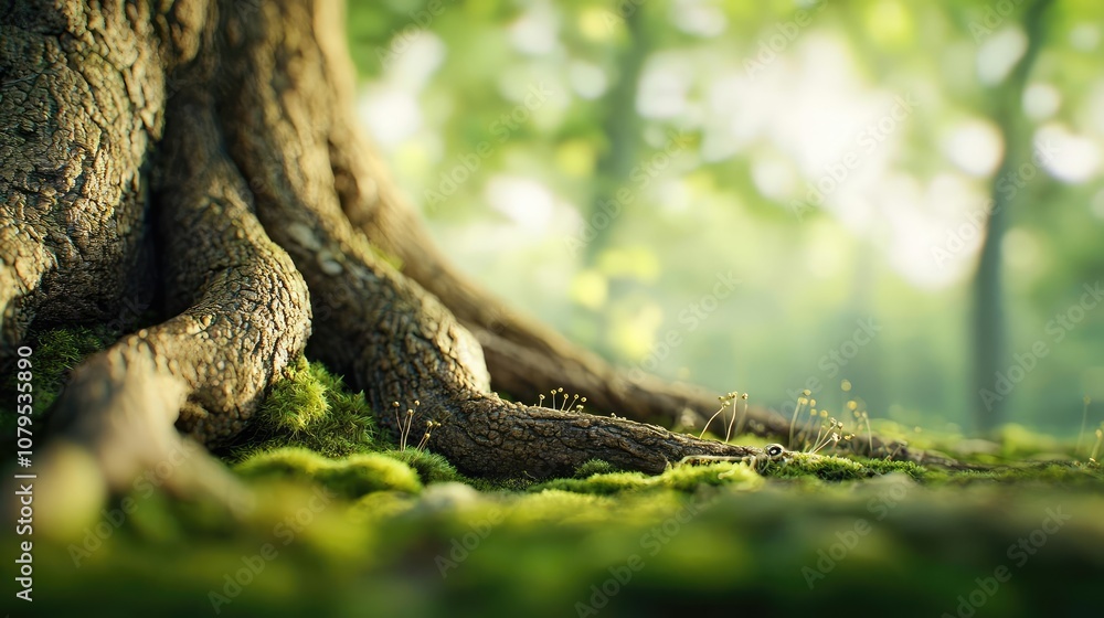 Poster tree roots in a serene forest with sunlight filtering through the leaves