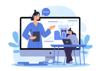 Fototapeta premium Online dentistry course. Woman watching online lecture on Internet. Distance education and training. Student at medical university. Stomatology lesson and course. Flat vector illustration