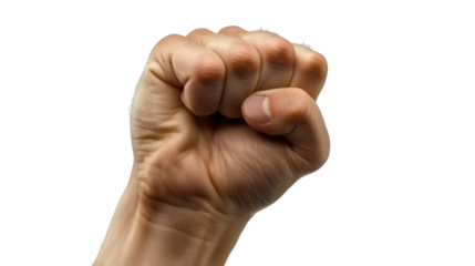 A strong man's hand bent into a fist on white transparent background

