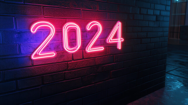happy new year 2024 with neon lighting on black background