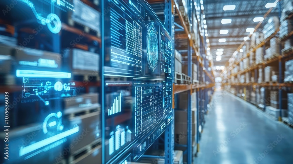 Poster advanced warehouse with digital interface and inventory management technology.