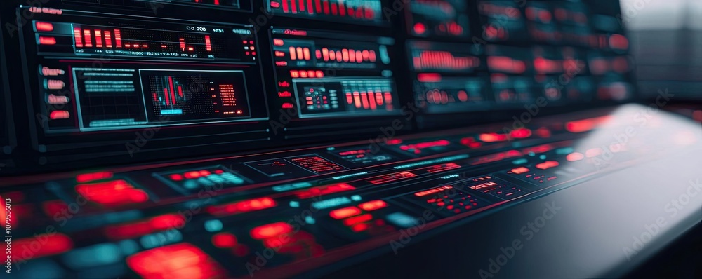 Poster high-tech control panel with glowing buttons and data screens.