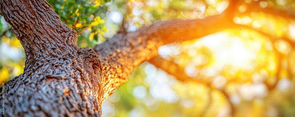 Poster sunlight shining through tree branches creating a warm atmosphere.