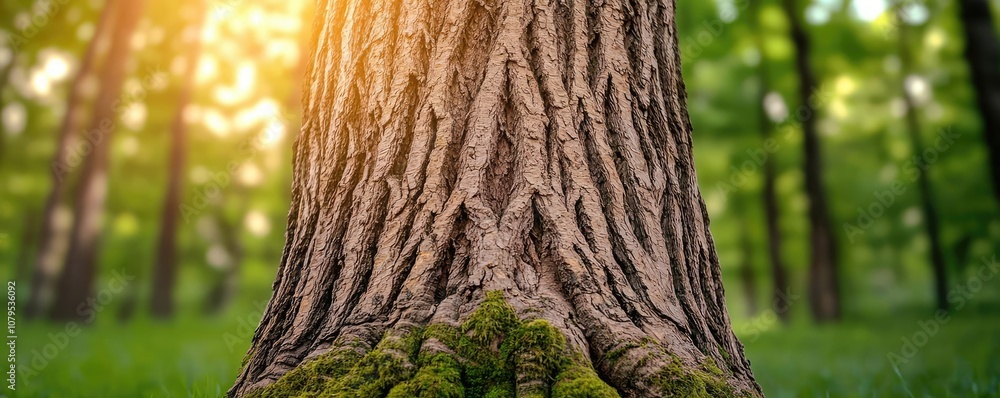 Poster close-up of a tree trunk with textured bark and sunlight filtering through foliage.