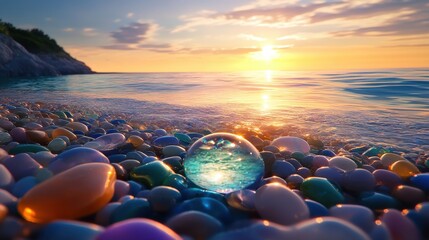 Obraz premium Glimmering Shore: A Crystal Sunset Beachscape