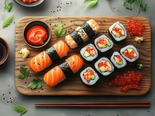 Elegant sushi platter adorned with vibrant rolls, delicate chopsticks, and a rich dipping sauce, inviting culinary delight and presentation.