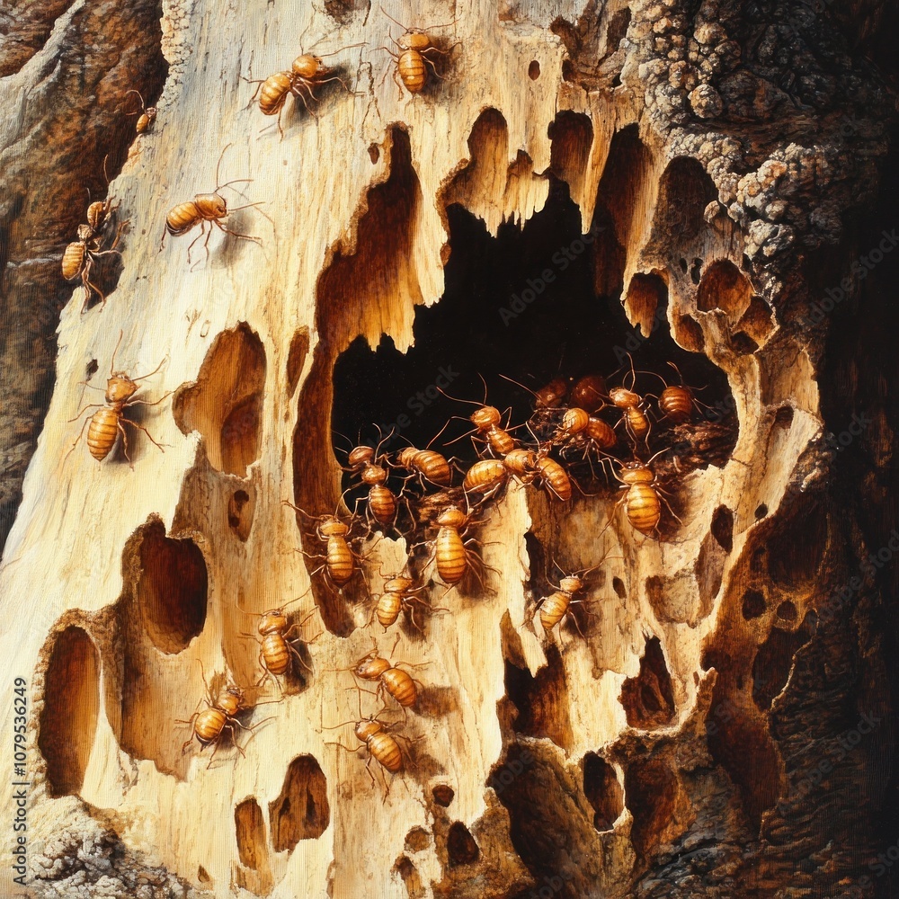 Poster a close-up of a colony of red ants swarming around a large hole in a tree trunk.