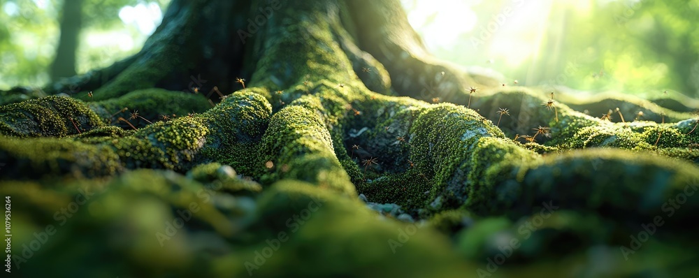 Aufkleber tree roots covered in moss with soft sunlight filtering through the forest.