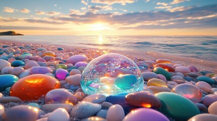 Glimmering Shore: A Crystal Sunset Beachscape
