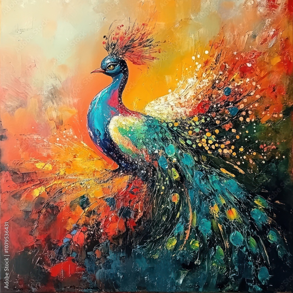 Poster a colorful peacock with its feathers spread out in a vibrant display, painted in a bold and abstract