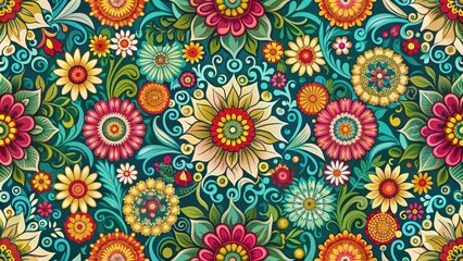 Retro floral seamless pattern with vibrant colors and intricate designs, retro, seamless, pattern, flowers, vibrant