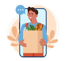 Online ordering of food. Man with package with baguette, bottle of water and vegetables. Online shopping and electronic commerce. Home delivery courier. Flat vector illustration