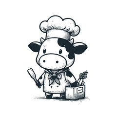 Cow in chef's uniform carrying shopping bag. Black white vector illustration.