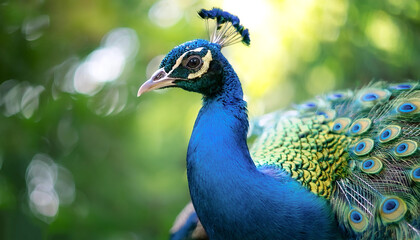 Fototapeta premium Peacock isolated with blur green bokeh background