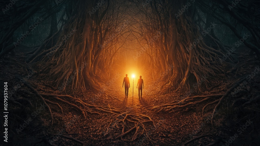 Poster two figures walk towards a bright light at the end of a dark and foreboding forest path.