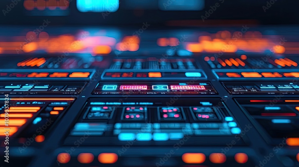 Poster futuristic interface with glowing buttons and screens, abstract technology background.