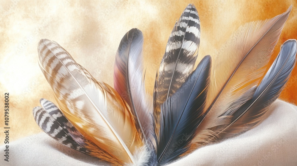 Poster a collection of colorful feathers arranged aesthetically.