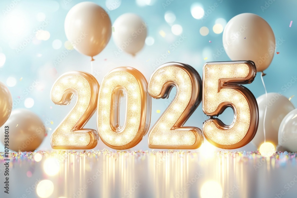 Poster a large number of balloons and a large number of lights, all arranged to spell out the number 2025