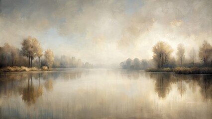 Fototapeta premium Abstract painting of serene lake in neutral beige and grey tones, with a soft and blurry appearance , abstract, painting, lake, serene
