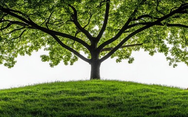 Obraz premium Green tree on hill, two rabbits sitting in grass, white isolate background.
