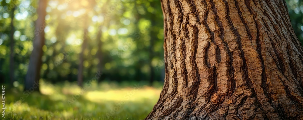 Poster close-up of a tree trunk with intricate bark patterns in a sunlit forest.