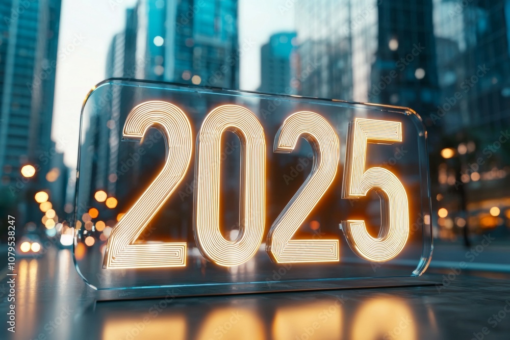 Poster a sign with the number 2025 on it is lit up in a city setting