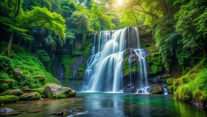 Waterfall cascading down in a lush forest setting, waterfall, forest, nature, scenic, landscape, tranquility, serene
