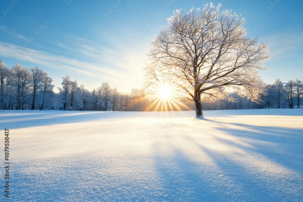 Poster a tree is in the middle of a snow-covered field