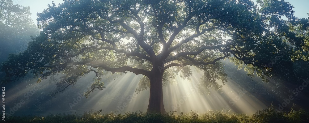 Poster majestic tree with sunlight rays filtering through its branches.
