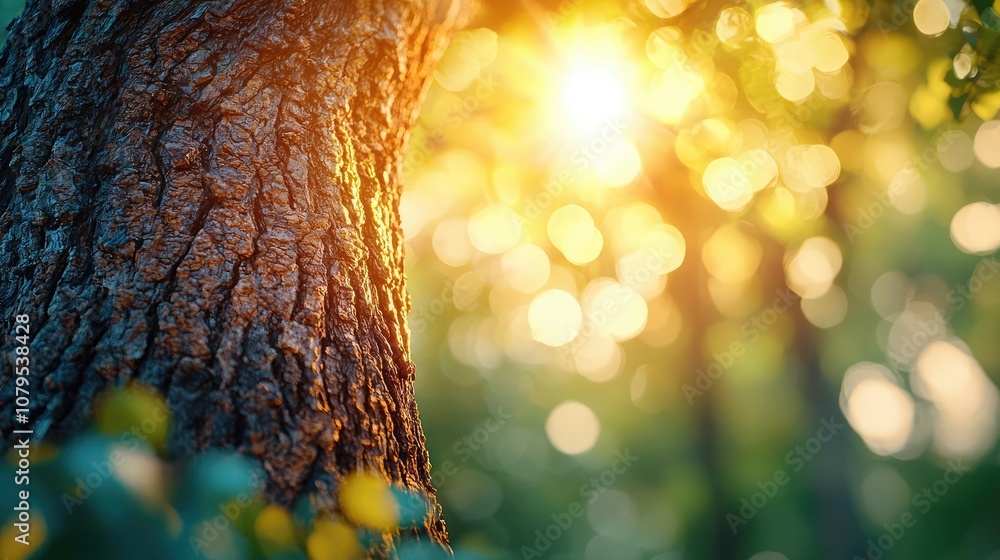 Poster tree bark illuminated by sunlight in a serene forest setting.