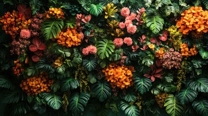 Lush floral wall featuring vibrant flowers and greenery.