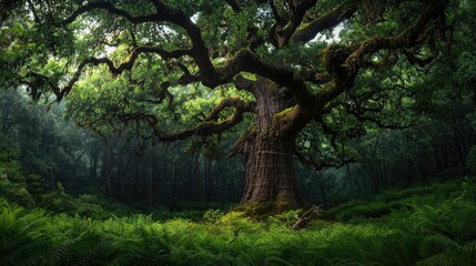 Obraz premium Majestic tree amidst lush green ferns in a serene forest setting.