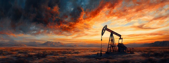 An oil pump in a desert landscape silhouetted against a fiery sunset.