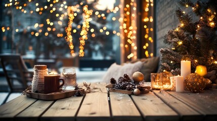 Cozy winter scene on patio with warm drinks and festive lights creating a peaceful ambiance.