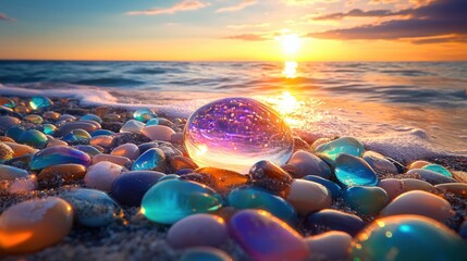 Obraz premium Glimmering Shore: A Crystal Sunset Beachscape