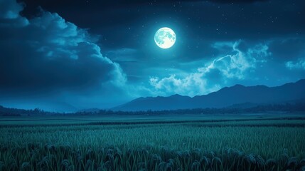 Obraz premium A full moon shines brightly over a field of green grass and mountains in the distance.