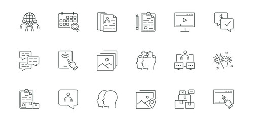 Outline web icons set. Caendar, global internet, wifi smartphone and pictures. Graphic elements for website. Online connection. Linear vector collection isolated on white background