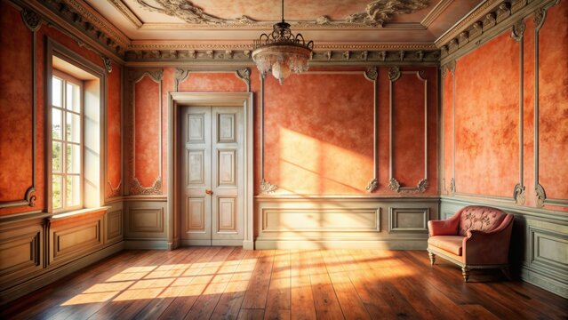Nostalgic coral grunge room with a touch of old-world charm under soft sunlight rays, nostalgic, charm, old-world, coral
