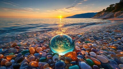 Obraz premium Glimmering Shore: A Crystal Sunset Beachscape