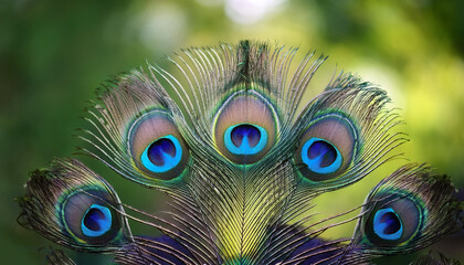 Obraz premium Peacock focus on beautiful and symmetrical tail feathers isolated with blur green bokeh background