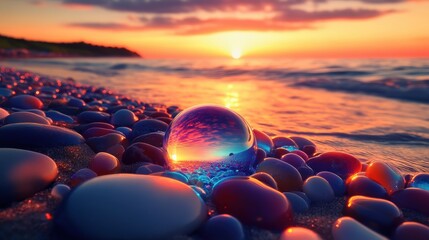 Obraz premium Glimmering Shore: A Crystal Sunset Beachscape