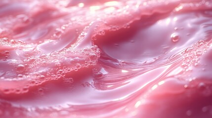 Close-up of pink liquid with bubbles, creating a smooth texture.